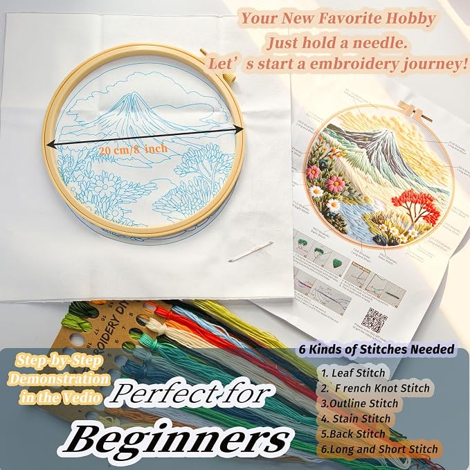FONNUY Embroidery Kit for Beginners, Flower Hill Nature Landscape Pre-Stamped - Image 5