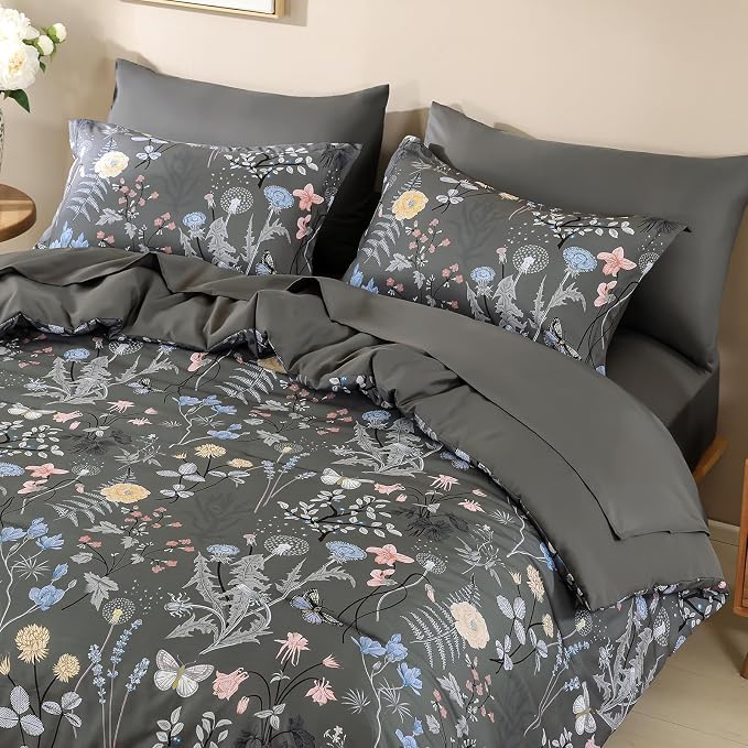 Yiran 7 Piece Grey Floral Comforter Set King Size, Botanical Flowers Bed in a - Image 5