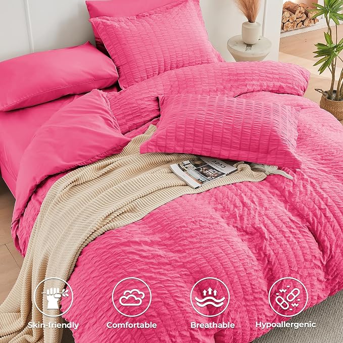 HYMOKEGE Hot Pink California King Comforter Set Seersucker 7 Pieces, All Season - Image 3