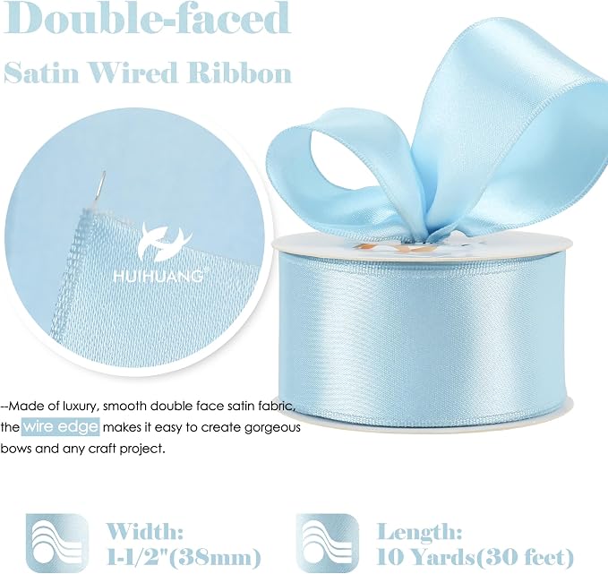 HUIHUANG Baby Blue Satin Wired Ribbon 1-1/2 inch Blue Wire Edge Ribbon - Image 2