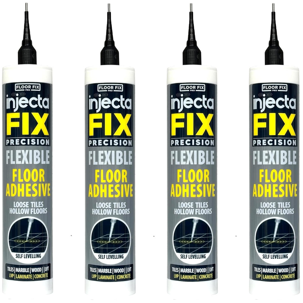 Precision 300ml from Floor-Fix Pro - Fix Loose Tiles - for Loose & Hollow Tiles, Wood, LVT & Laminate - Includes 1.9mm Syringe Tip - Adjustable to 6mm + Anti-Clog Performance (Pack of 4)