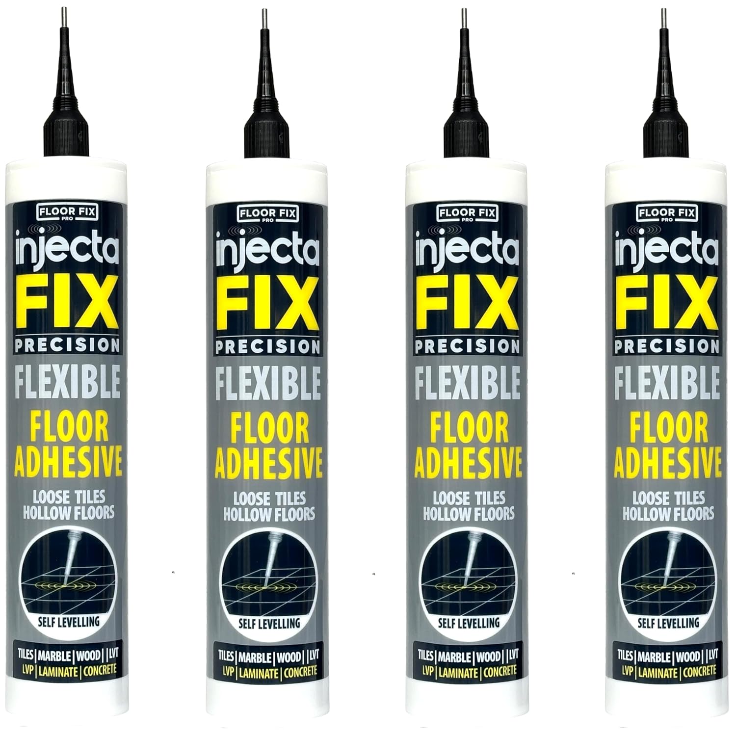 Precision 300ml from Floor-Fix Pro - Fix Loose Tiles - for Loose & Hollow Tiles, Wood, LVT & Laminate - Includes 1.9mm Syringe Tip - Adjustable to 6mm + Anti-Clog Performance (Pack of 4)