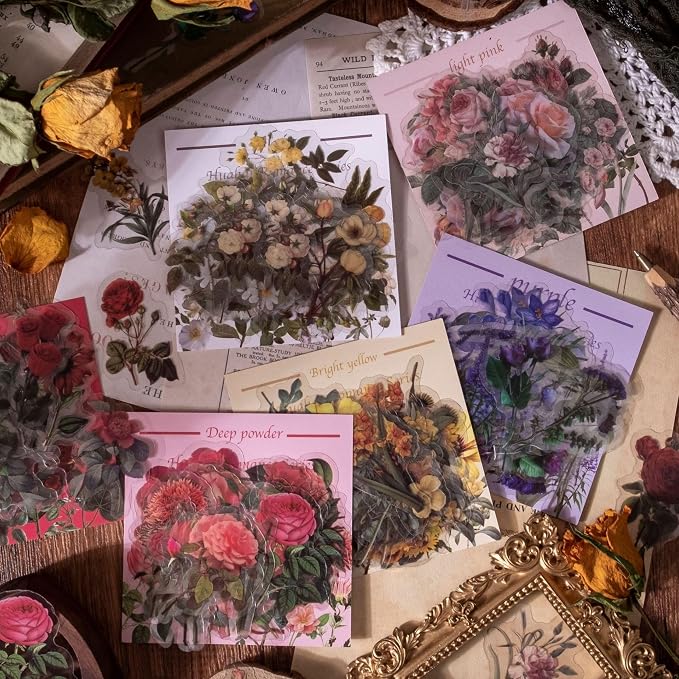 240Pcs Vintage Nature Flower Botanical Clear Stickers | Waterproof, Aesthetic - Image 2