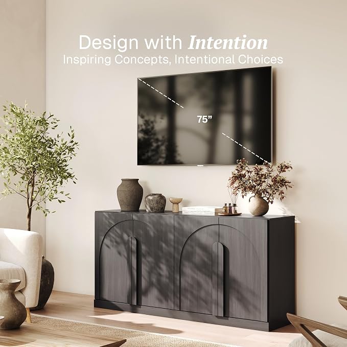 BELLEZE Bijou 64" Modern Buffet Sideboard, Mid-Century Arch Carved Wood Door - Image 3