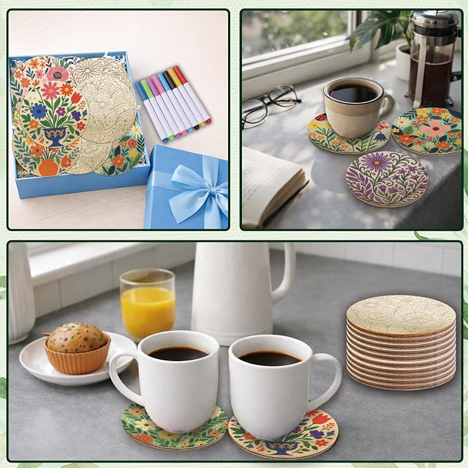 26PCS Wood Coasters Craft Kit 10 Paint You Own Coaster - Image 7