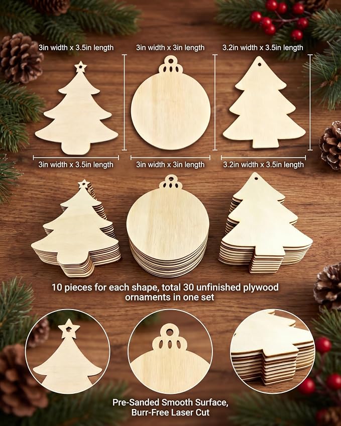 Blank Wooden Christmas Tree Ornaments, DIY Unfinished Wood Craft Decor | - Image 2