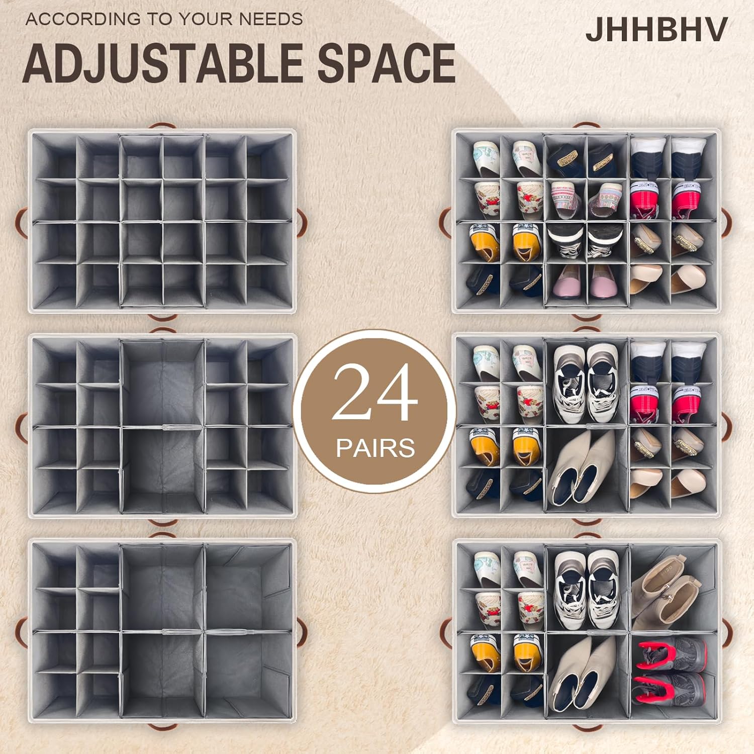 1 Pack Shoe Organizer for Closet, Adjustable Shoe Box Storage Containers, Large Foldable Shoe Bins with Clear Cover, Space Saving Shoes Holder with 4 Handles, Fits 12-24 Pairs, Beige