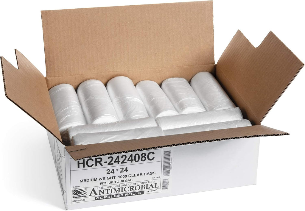 Aluf Plastics High Density Trash Bags, 10 Gallon, 1000 Count, 8 Micron (eq), 24" x 24", Clear, for Bathroom, Office, Industrial, Commercial, Janitorial, Municipal, Recycling