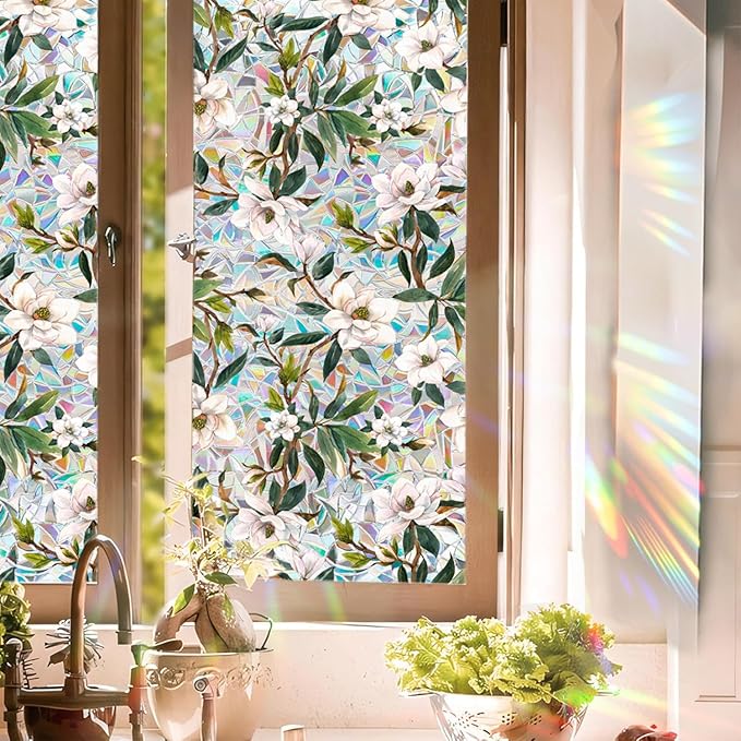 Floral Stained Glass Window Privacy Film, Retro Decorative Rainbow Window by UQRUI