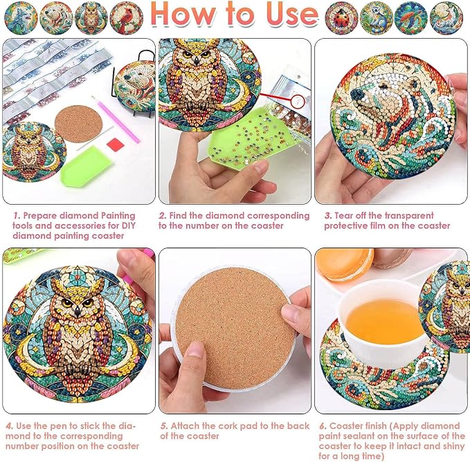 ijbnhd 8 PCS Animals Diamond Art Coasters Kit | Animals Diamond Painting - Image 6