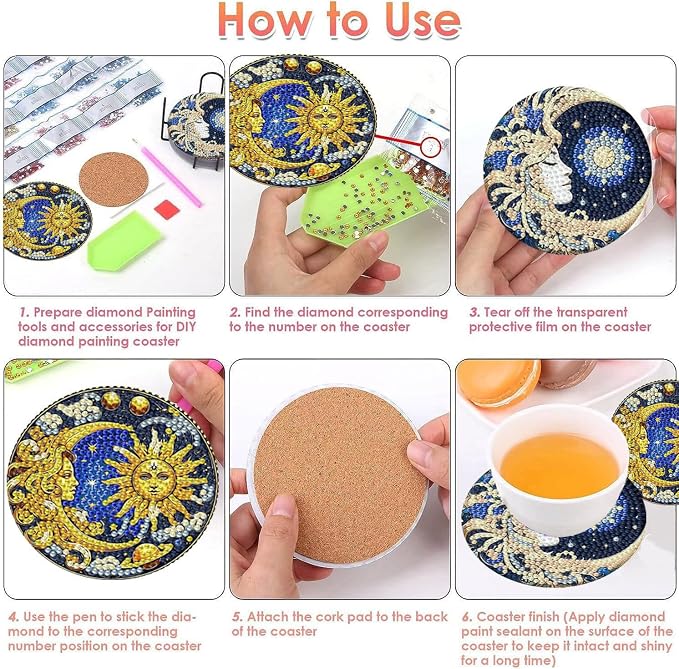 8 PCS Diamond Art Coasters Kits Sun and Month Diamond Painting Coaster | - Image 6