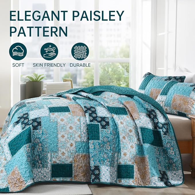 Xruibed Teal Quilt Set King Size 3 Pieces Plaid Floral Boho Bedspread Coverlet - Image 3