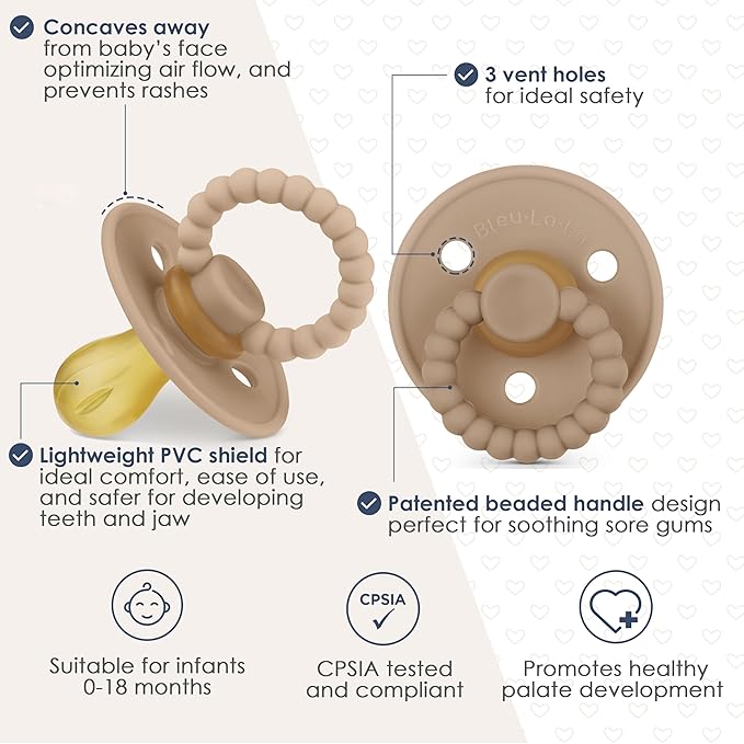 Luladream Pacifier - Natural Rubber Nipple - Soft Teething Handle - for Infants Baby's and Toddlers, 0-18 Months (Camel + Cream)