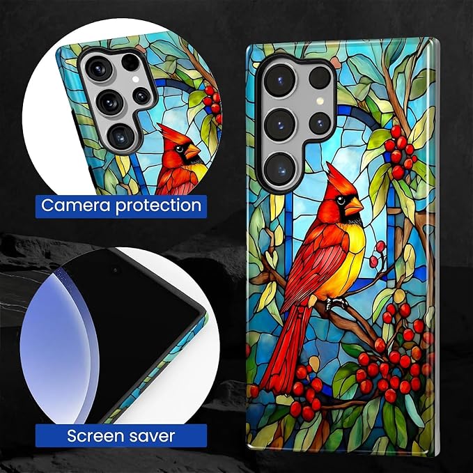for Samsung Galaxy S23 Ultra Case, Stained Glass Cardinal Bird Pattern Glossy 2 - Image 5