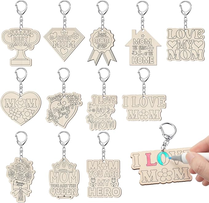 RattanView 24 Pcs Mom Craft Color Your Own Keychains Diy Craft Wooden Blank by RattanView