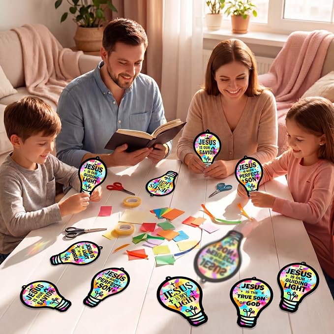 48PCS Sunday School VBS Crafts Bulk: Paper Lightbulb Cross Nativity Suncatchers - Image 6