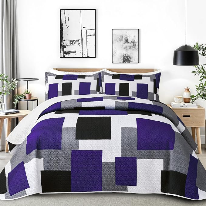 Tyrot 2 Piece Dark Purple Grey Quilt Set Twin Size Black White Gray Geometric by TyrotHomeDecor