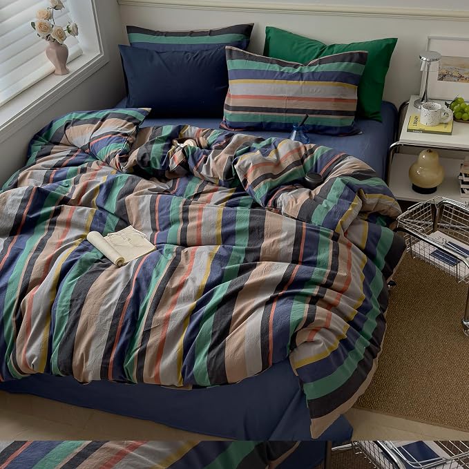mixinni Blue Striped Duvet Cover Twin Size 100% Washed Cotton 3 Pcs Vintage - Image 9