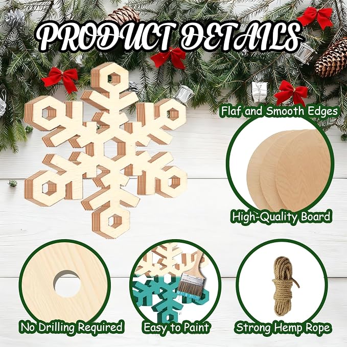 20Pcs Large Wooden Snowflake Unfinished Cutouts Christmas Ornaments DIY Craft - Image 3