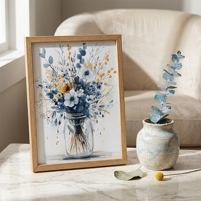 REWBKFIM Navy Blue Floral Canvas Wall Art Watercolor Botanical Bouquet in Mason - Image 2