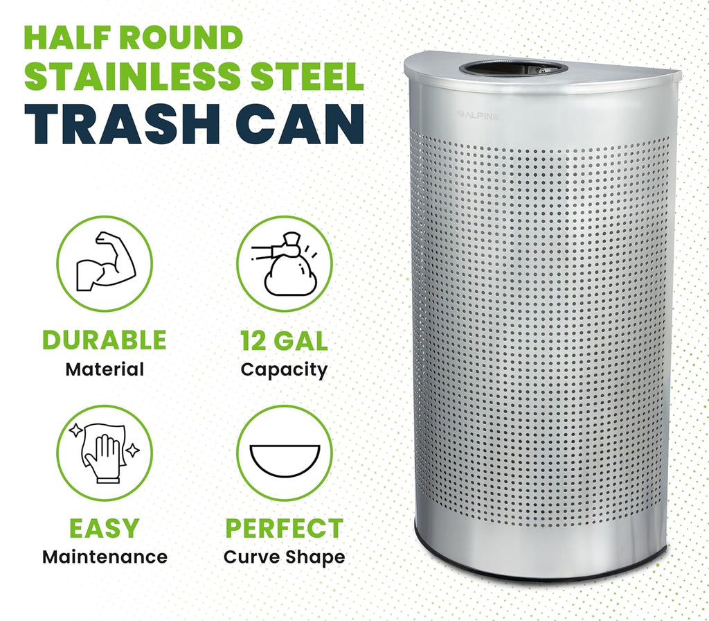 Alpine Half Round Trash Can Open Top - Modern 12 Gallon Stainless Steel Space Saving Indoor Commercial Trash Can, Narrow Garbage Can for Bathroom. Office, Lobby and Business.