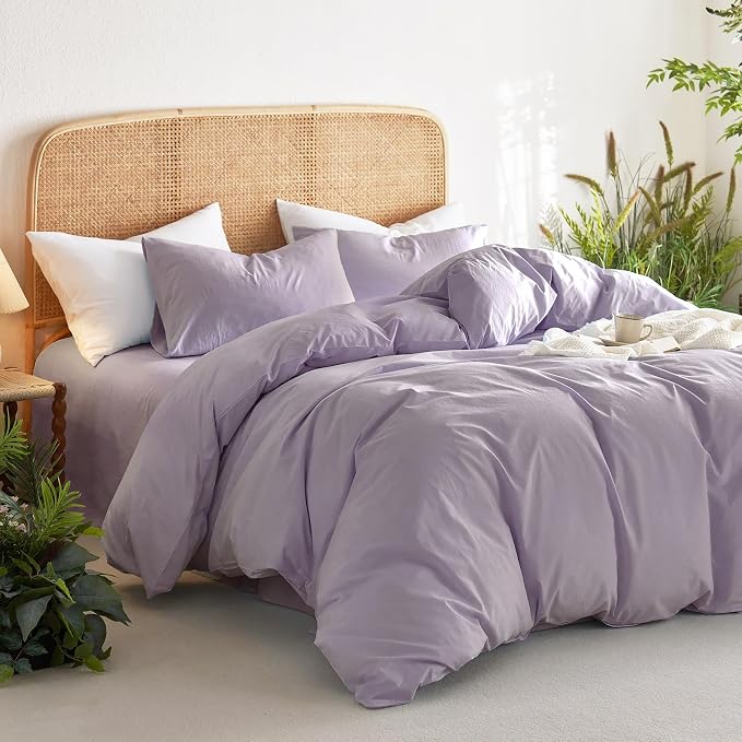 Wake In Cloud - Cotton Duvet Cover Set, Twin Size, Light Purple, 100% Washed - Image 3