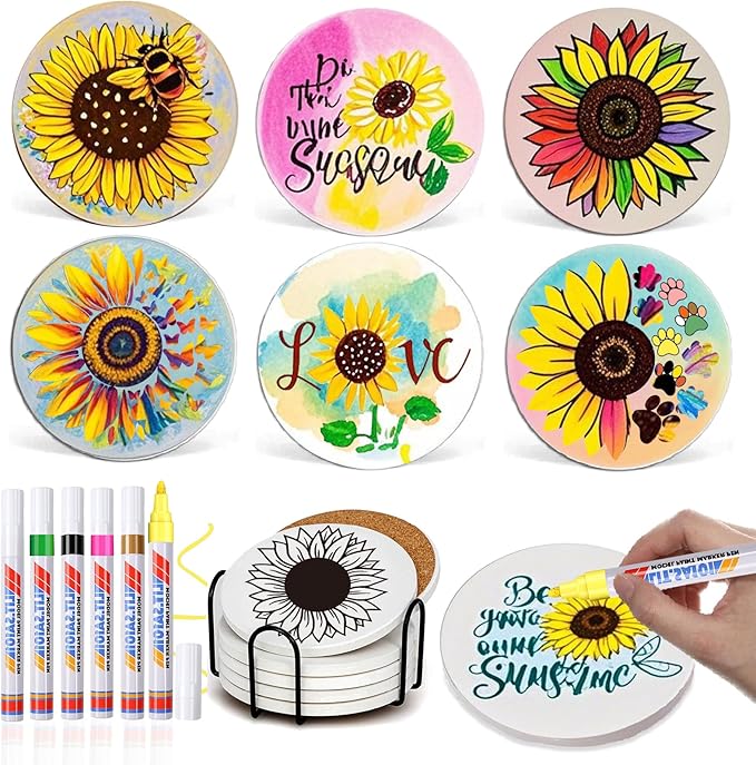 6 Absorbent Ceramic Tiles with Cork Base, Paint Your Own Sunflower Coaster | by Unknown