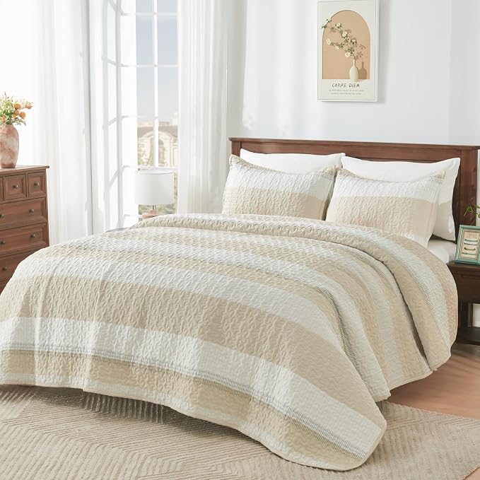 Andency Queen Quilt Bedding Set Beige, 3 Pieces Patchwork Beige Striped Ultra - Image 6