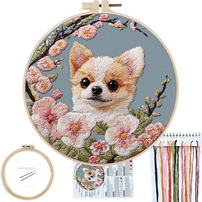 FONNUY Chihuahua Dog Floral Embroidery Kit, Cross Stitch Kits by FONNUY