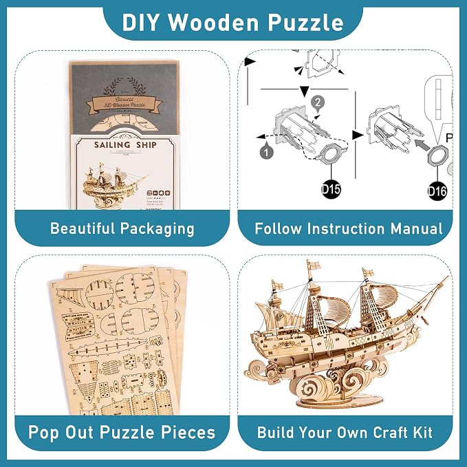 RoWood 3D Wooden Puzzle for Adults, Vintage Wooden Watercraft Model Sailboat - Image 7