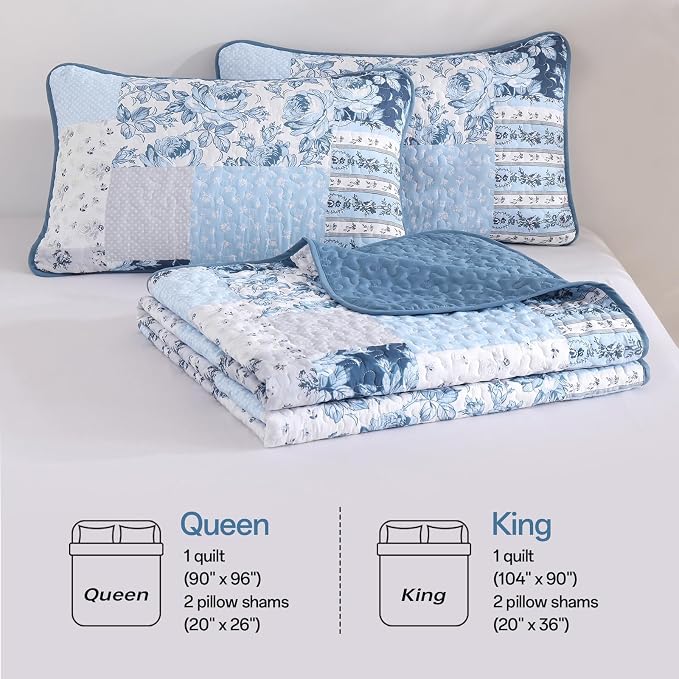 Anibedding Blue Patchwork Quilt Set Queen Size Boho Floral Plaid Bedspread - Image 7