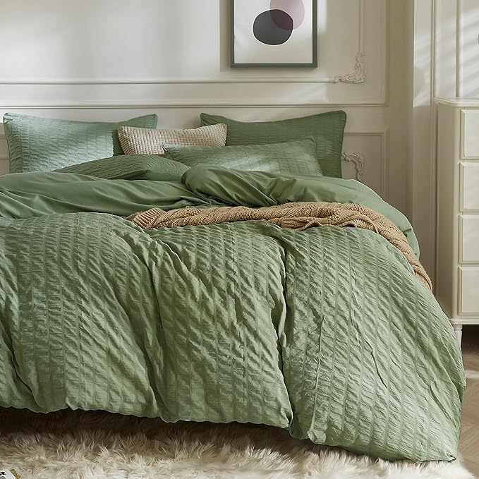 JELLYMONI Dark Green Duvet Cover Full Size, Soft Breathable Seersucker Duvet by JELLYMONI