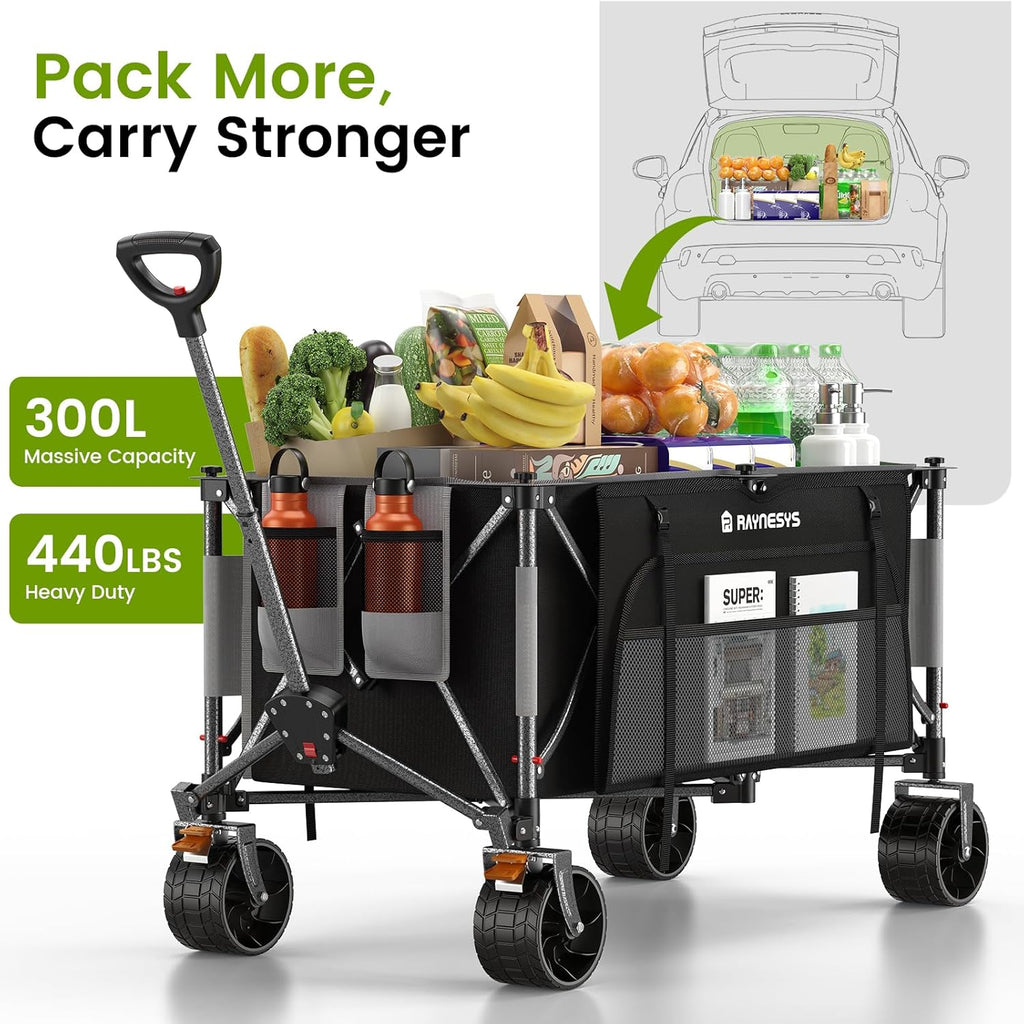 300L Collapsible Wagons Cart with Wheels Foldable, 440lbs Heavy Duty Folding Wagon, Upgraded Effortless Elegance, Foldable Wagon for Sports Beach Grocery Camping, Black & Gray