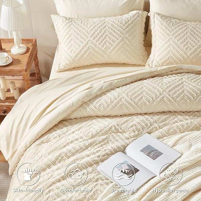 Zzlpp Full Comforter Set 7 Pieces, Cream Tufted Bed in a Bag - Image 3