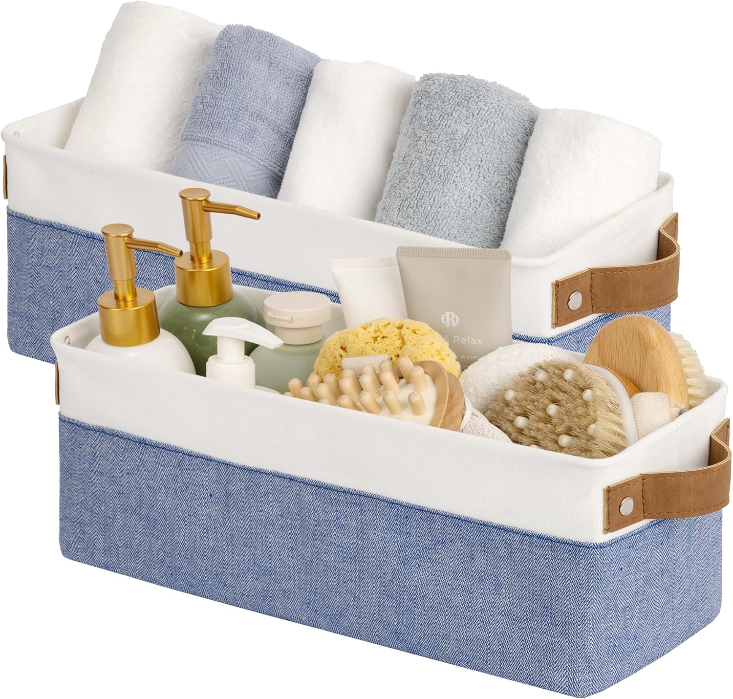 StorageWorks Narrow Storage Bins, Small Basket for Closet and Shelves, Fabric Organizer with Handles, Toilet Paper Storage, Blue and White, 2-Pack