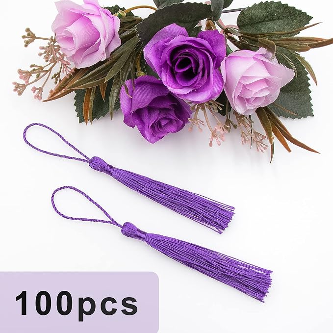 VAPKER 100 Pieces Dark Purple Silky Handmade Soft Tassels 13cm/5-Inch - Image 2