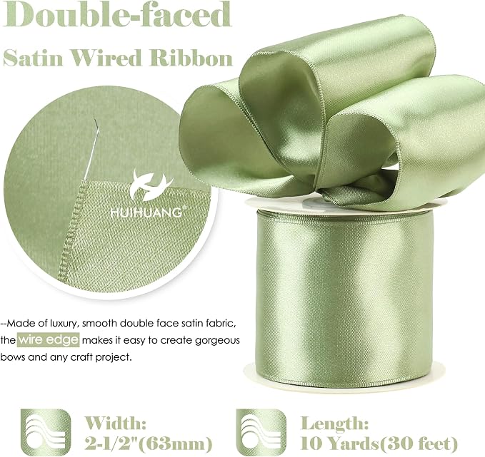 HUIHUANG Sage Green Satin Wired Ribbon 2.5 inch Double-Faced Satin Wire Edge - Image 2