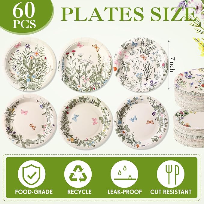Funnymoom 60 Pcs 7 Inch Vintage Wildflower Paper Plates Retro Flower Plant Herb - Image 2