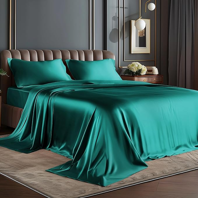 BEDELITE California King Sheets Set, Luxury Soft Teal Satin Sheets by BEDELITE