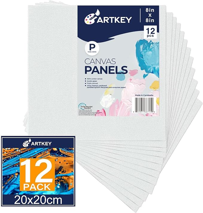 Artkey Canvas Panels 8x8 Inch 12-Pack, 10 oz Primed 100% Cotton White Blank by Artkey