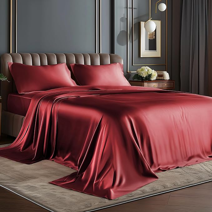 BEDELITE Satin Sheets Twin XL Size Bed Set, Luxury Soft Burgundy Silky Sheets by BEDELITE