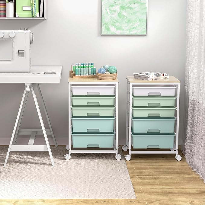 SYKIARIOL Utility Cart with 5 Drawers, Storage Cart with Wooden Tabletop and - Image 7