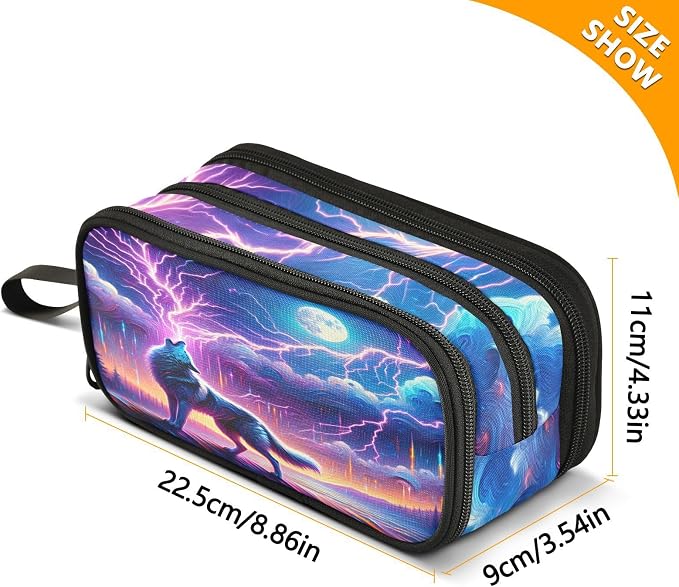 Wolf Howling Moon Lightning Pencil Case Box Boys Girls Large Pencil Pouch - Image 5