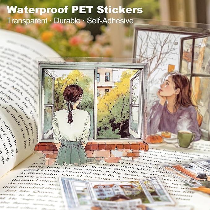 120PCS Watercolor Window PET Stickers – Scenic Views of Cats, Flowers & Cozy - Image 3