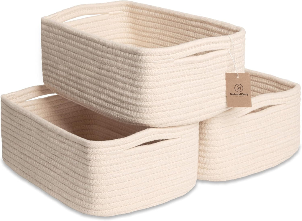 NaturalCozy 11.8"x8"x4.5” Storage Baskets for Shelves 3 Pack | Cotton Rope Woven Small Baskets for Organizing | Small Storage Bins for Nursery, Bathroom, Closet, Cube Shelf, Decorative, Gift Basket