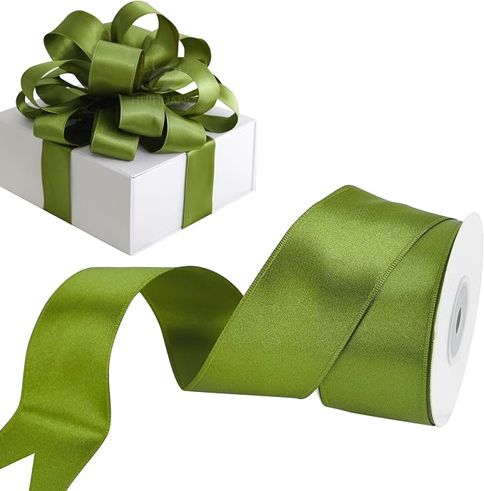 HUIHUANG Olive Green Wired Ribbon 1-1/2 inch Olive Satin Wire Ribbon by HUIHUANG