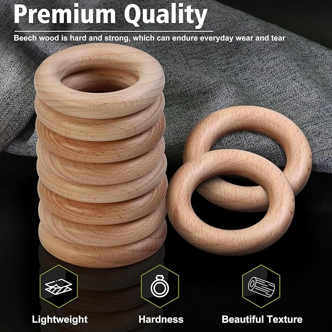 FoDau770 10pcs Natural Beech Wooden Rings, Unfinished Solid Wood Rings Heavy - Image 4