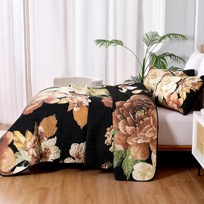 WONGS BEDDING Black Boho Floral Quilt Set Queen, Elegant Gold Flower Bedspread - Image 5