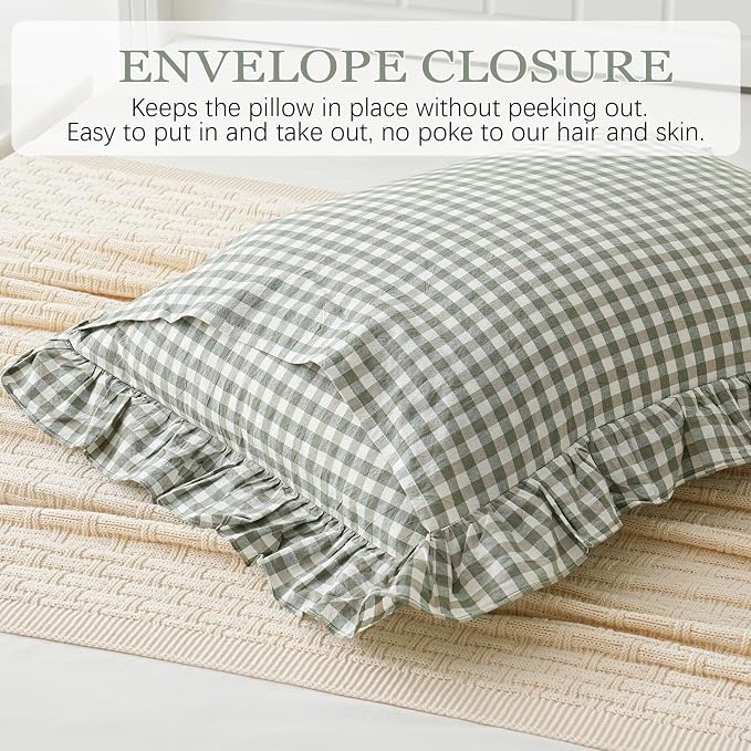 2 Pack Sage Green White Plaid Ruffle Euro Shams Pillow Covers 26x26 inches - Image 5