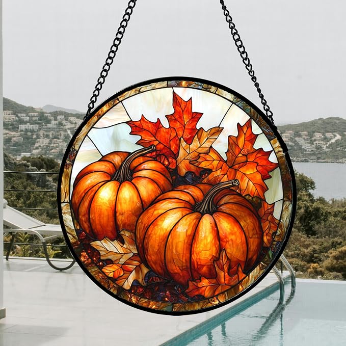 DASTOLL Stained Glass Window Hanging, Pumpkin Maple Leaf Suncatcher - Image 2